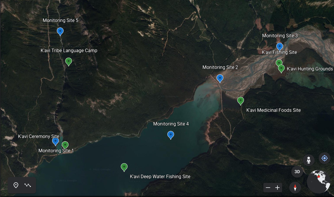 Figure 1: Map of fictional K’avi reservation. Water Quality monitoring sites are marked in blue, and cultural sites are marked in green.